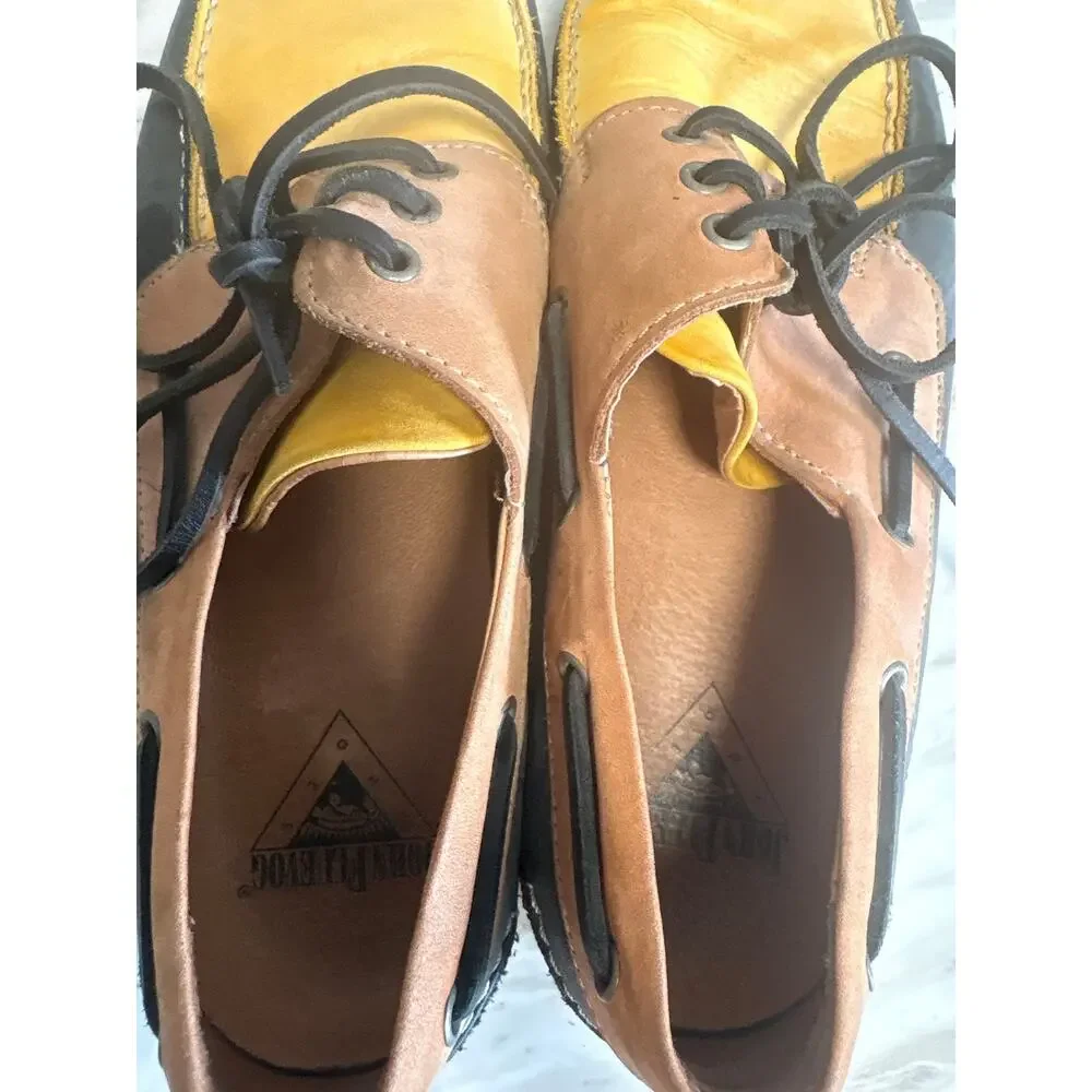 John Fluevog Vintage Yellow Black Leather Colorblock Boat Shoes Men's Size 9